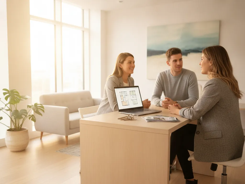 A letting agent talking with a couple at a desk in a bright office